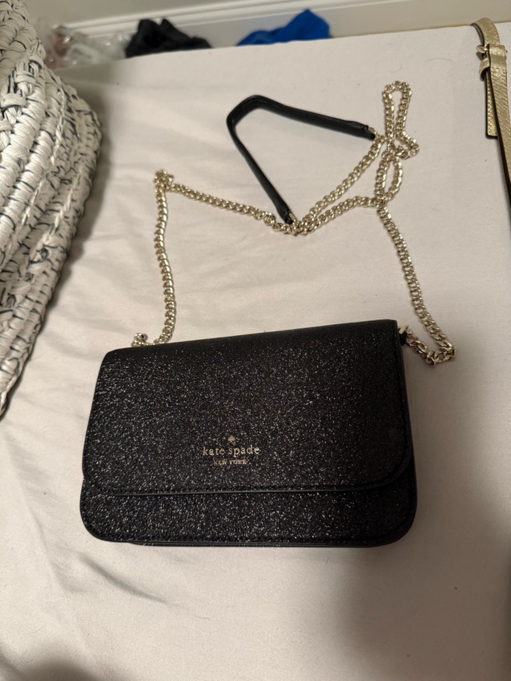 kate spade Black Glitter Crossbody with Gold Chain Strap